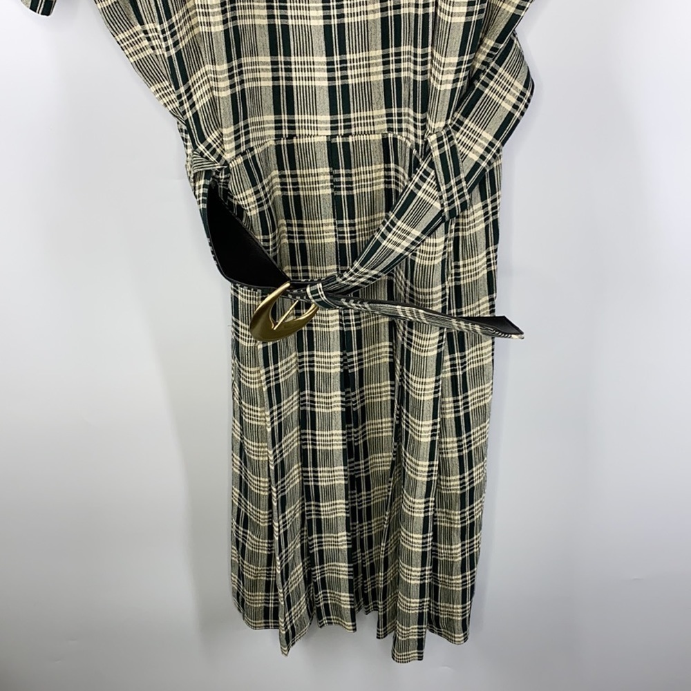 Casual Corner Vintage Green Cream Midi Scoop Neck Belted Dress - Picture 10 of 11